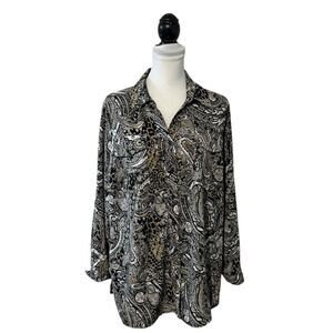 Notations Blouse Plus Size 2X Floral Mix Print Collared Button-Down Roll Tab Top